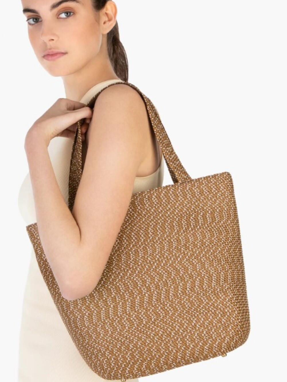 Eric Javits Beige Straw Tote with Gold Hardware Squishy Bag - Old Money -EUC